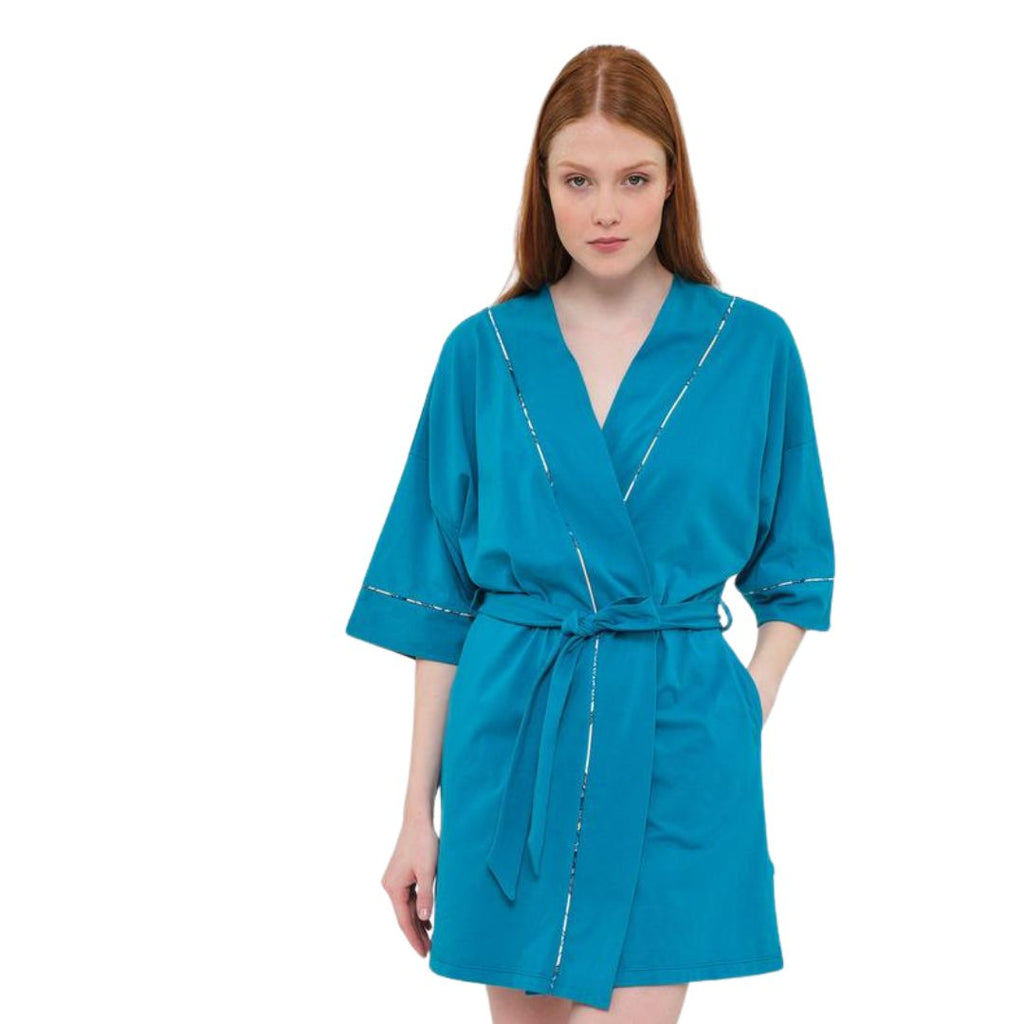 Vestaglia kimono tinta unita azzurro in cotone
