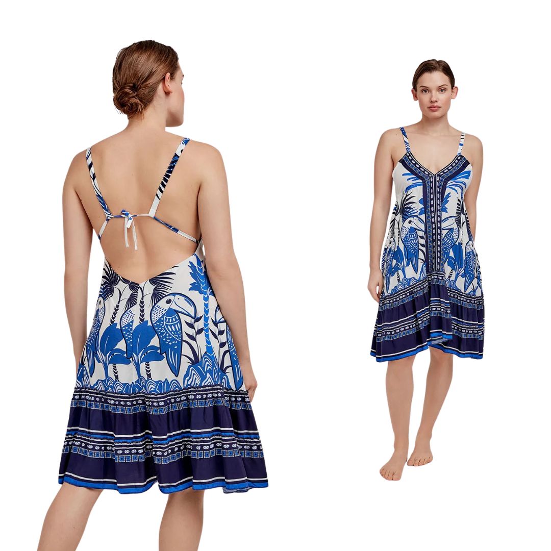 Vestito con Spallina stretta motivo palme e tucani