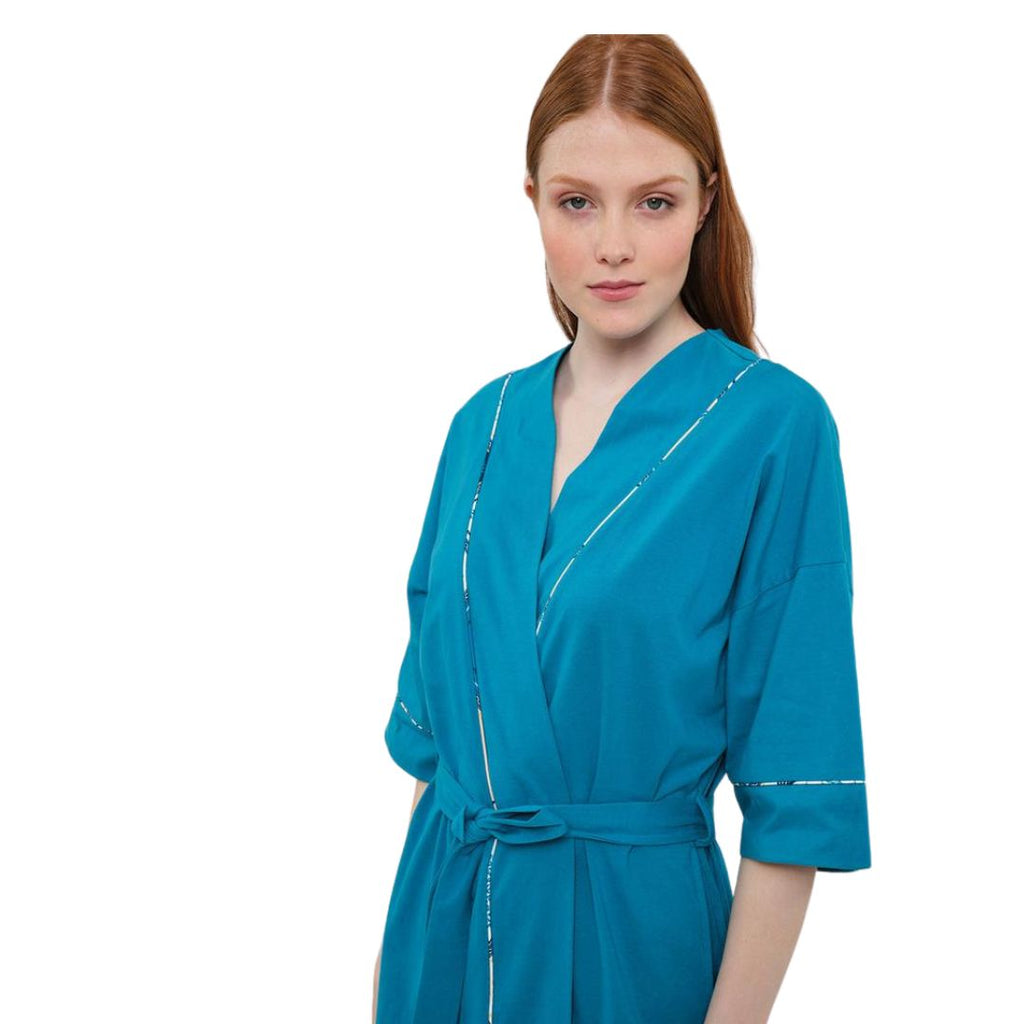 Vestaglia kimono tinta unita azzurro in cotone