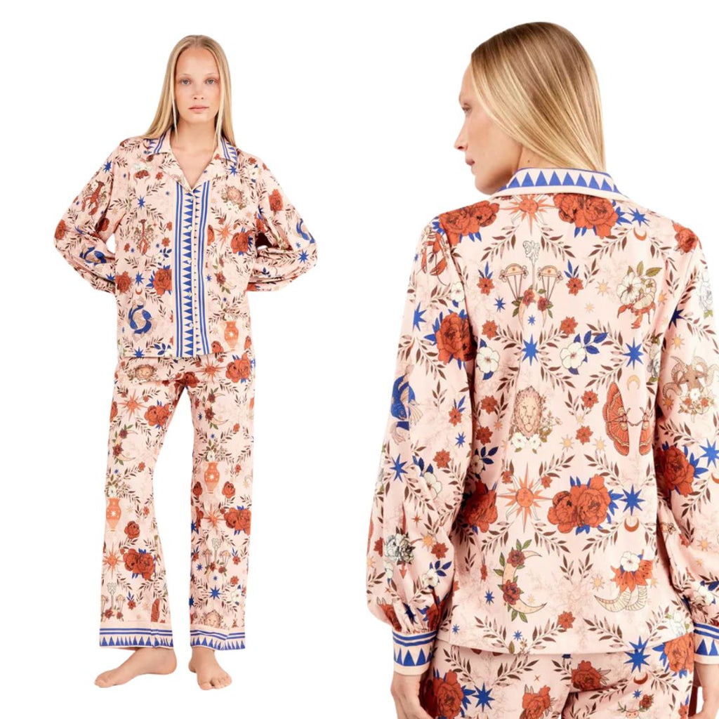 Pigiama completo donna con camicia aperta con motivi zodiacali