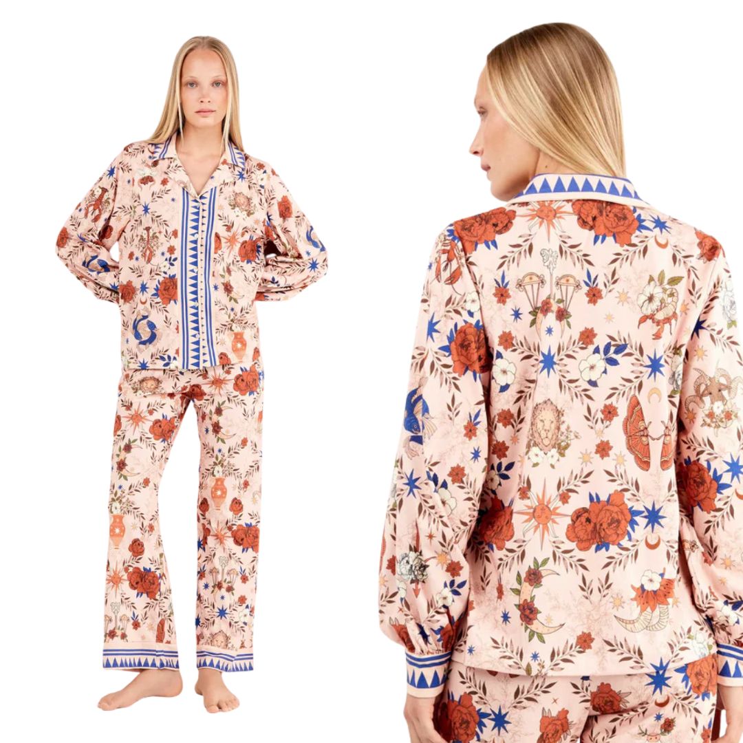 Pigiama completo donna con camicia aperta con motivi zodiacali