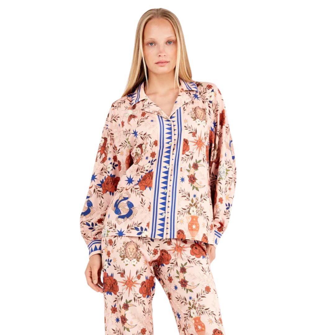 Pigiama completo donna con camicia aperta con motivi zodiacali