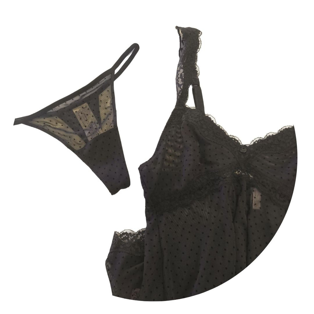 Completo camicia da notte stile babydoll e perizoma nero