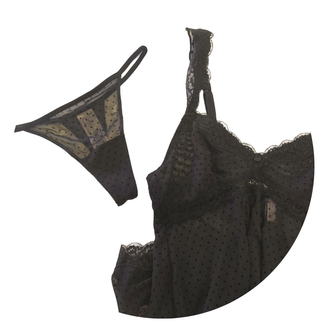 Completo camicia da notte stile babydoll e perizoma nero