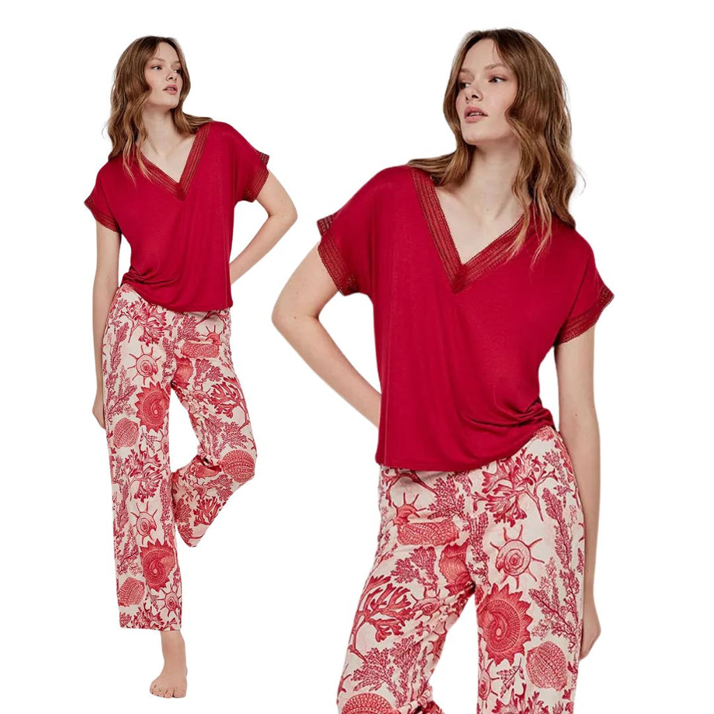 Pigiama mezza manica pantalone lungo con disegni coralli