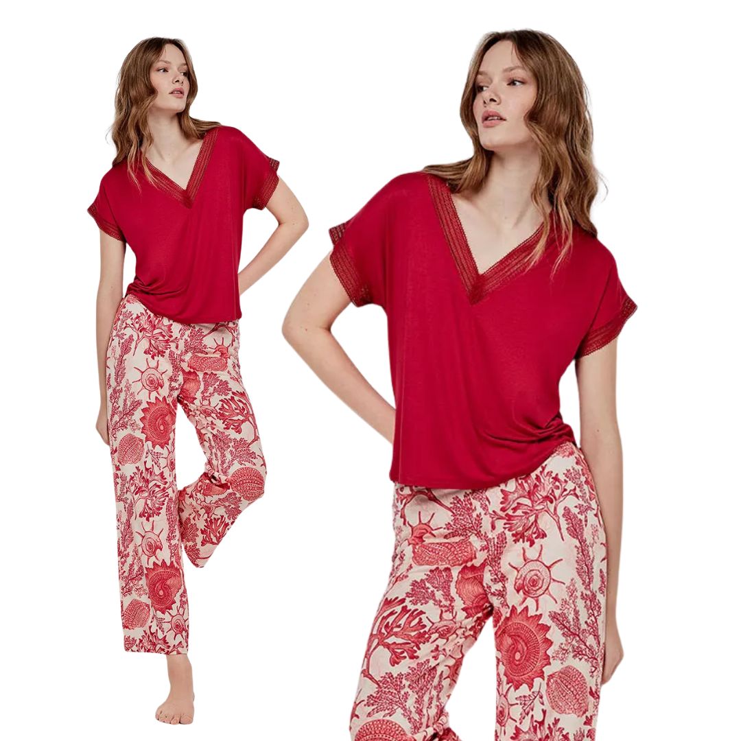 Pigiama mezza manica pantalone lungo con disegni coralli