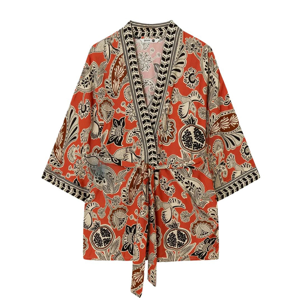 Kimono arancio ruggine con disegni  volatili fiori e melograno