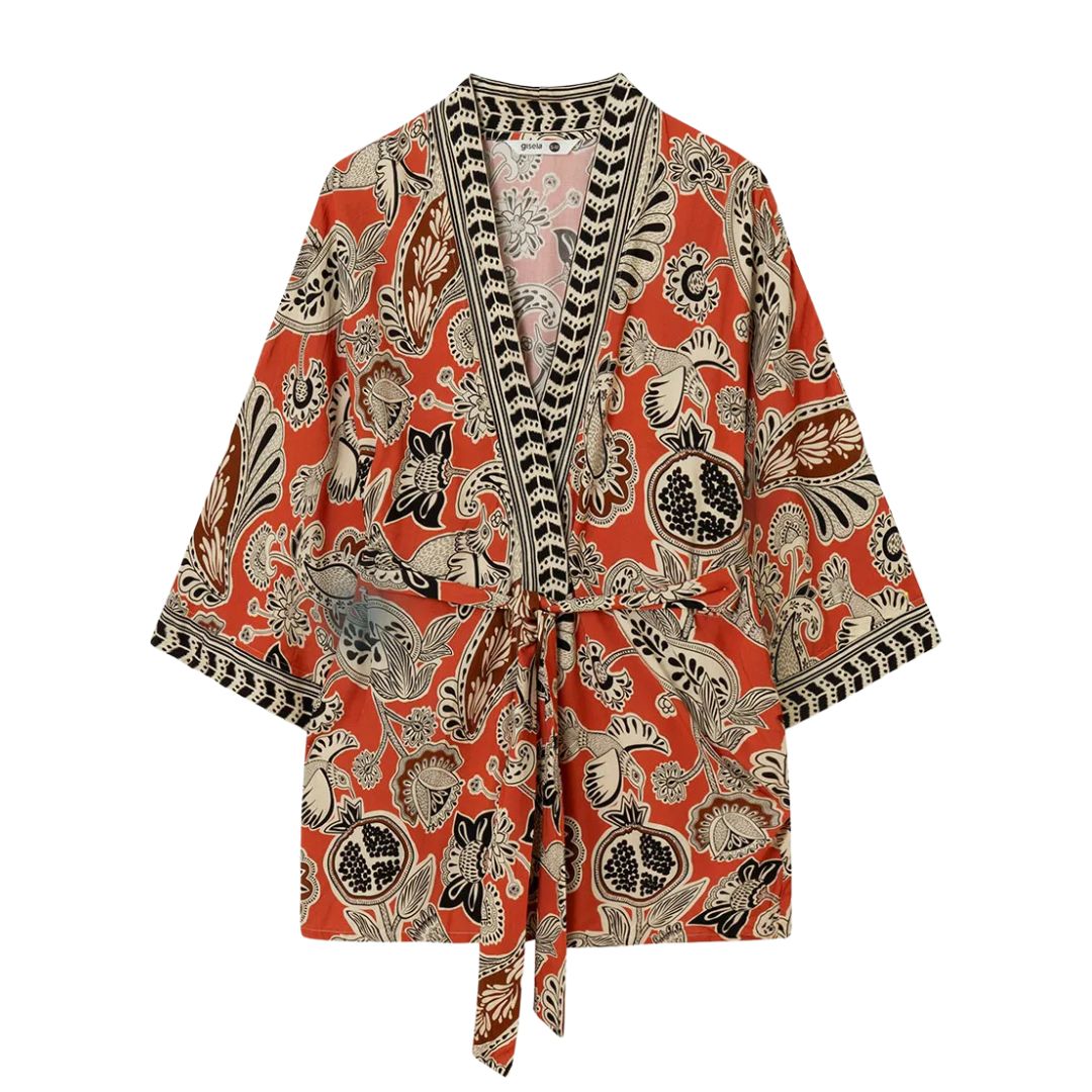Kimono arancio ruggine con disegni  volatili fiori e melograno