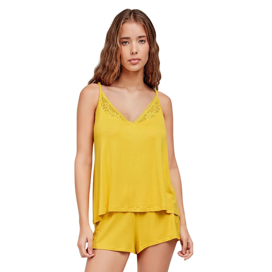 Pigiama Donna Giallo canarino spallina stretta e pantaloncino in viscosa
