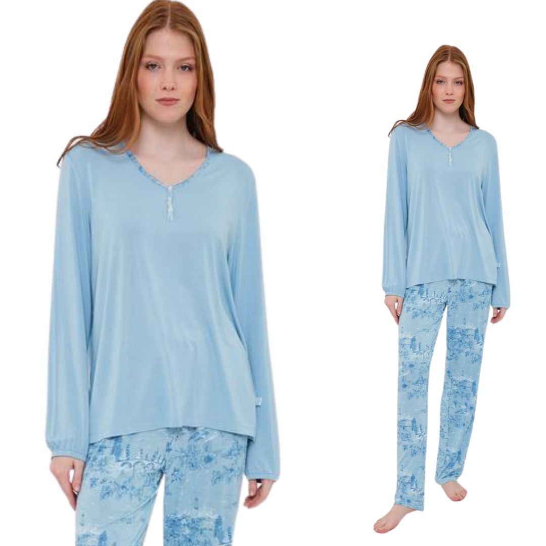 Pigiama manica lunga pantalone lungo celeste in viscosa