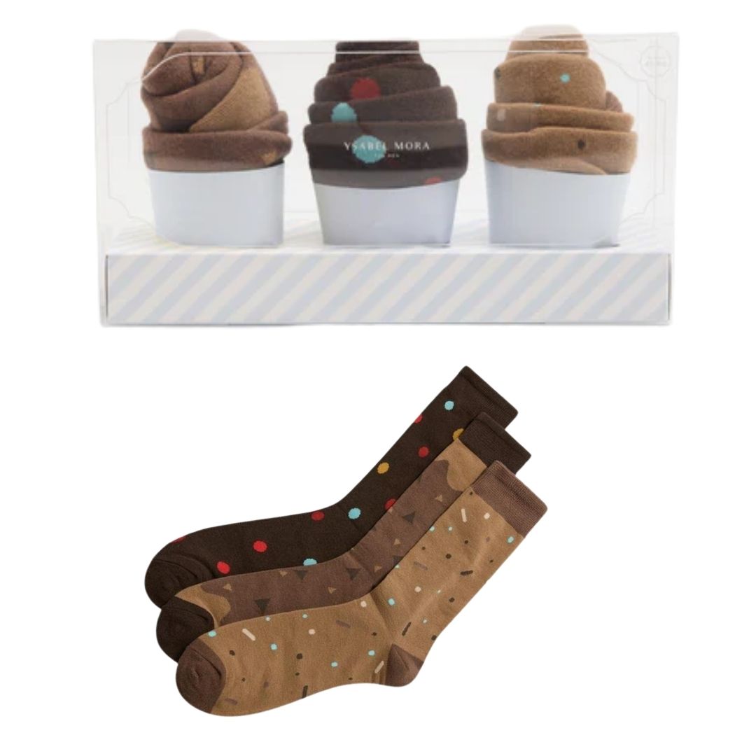 3 Paia calze corte 41/46 a forma di cupcakes base beige marrone