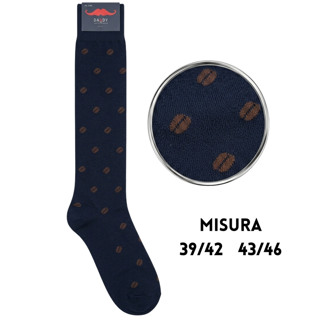 Calza lunga in caldo cotone con fantasia chicco caffe marrone con base blu
