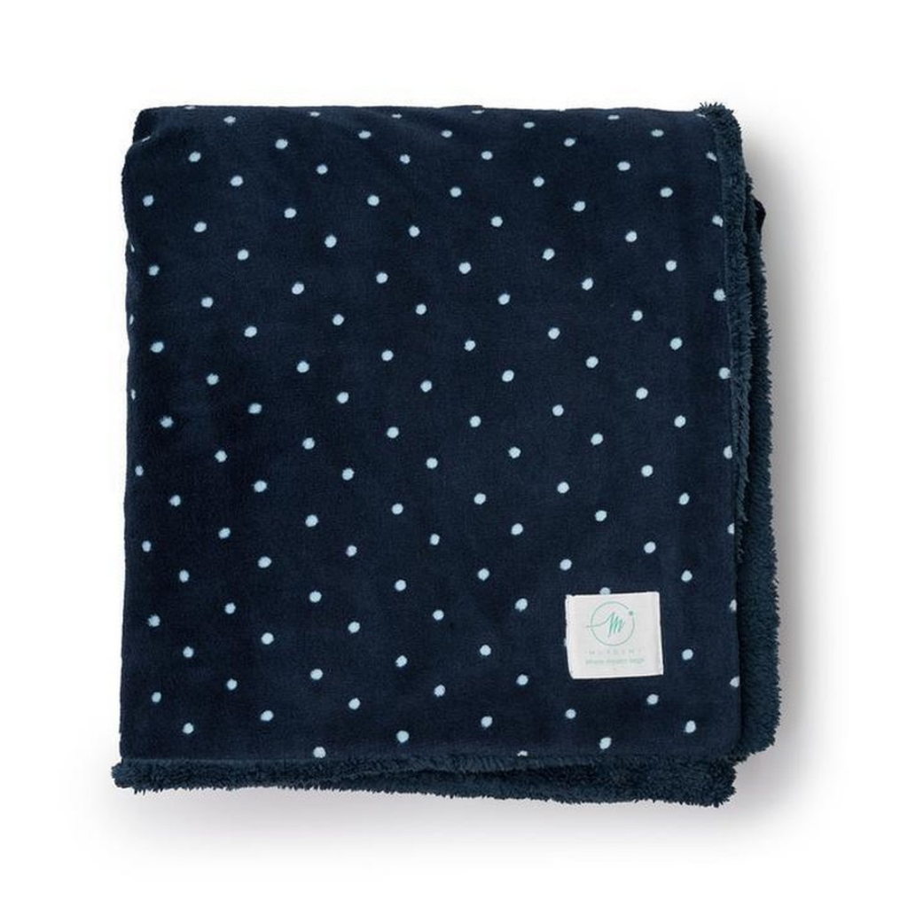 Coperta Plaid in Ciniglia e Sherpa – Pois Blu Notte e Finiture Soft