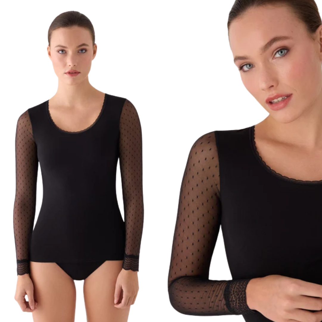 Maglia a Manica Lunga in Tulle Plumetis – Eleganza Romantica e Comfort in Cotone