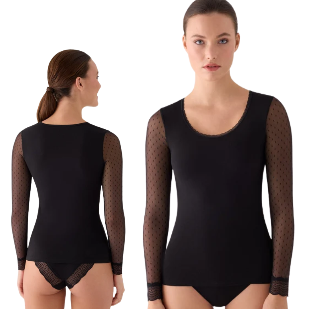 Maglia a Manica Lunga in Tulle Plumetis – Eleganza Romantica e Comfort in Cotone