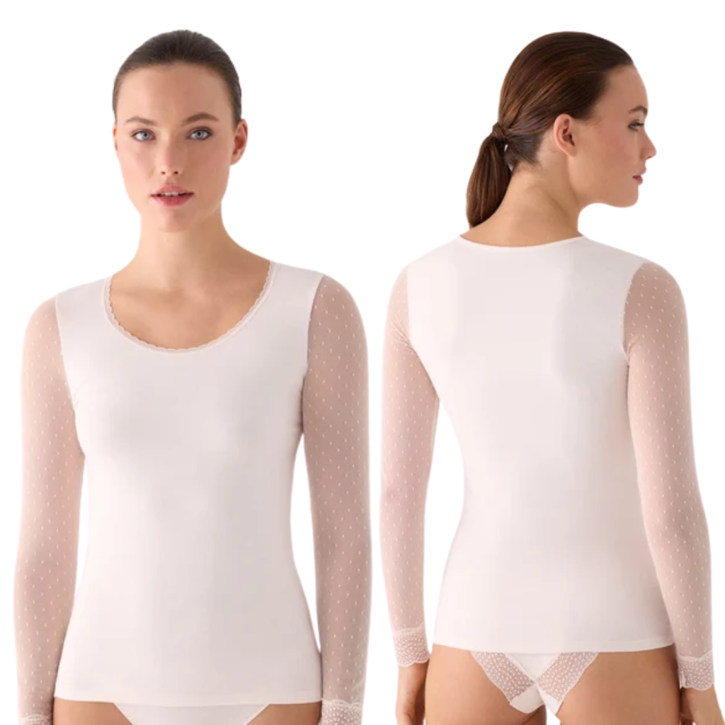 Maglia a Manica Lunga in Tulle Plumetis – Eleganza Romantica e Comfort in Cotone