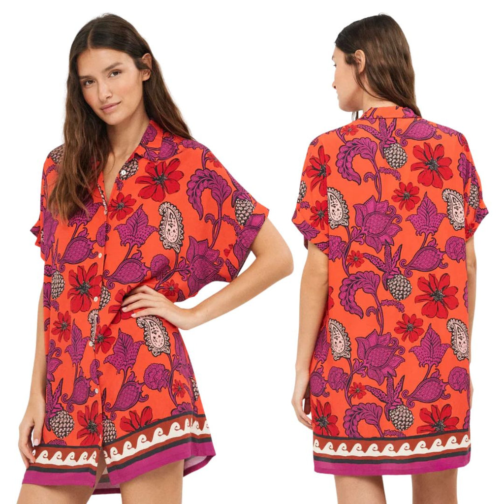 Vestito camicia con bottoni madreperla e fantasia fiori e ananas base arancio
