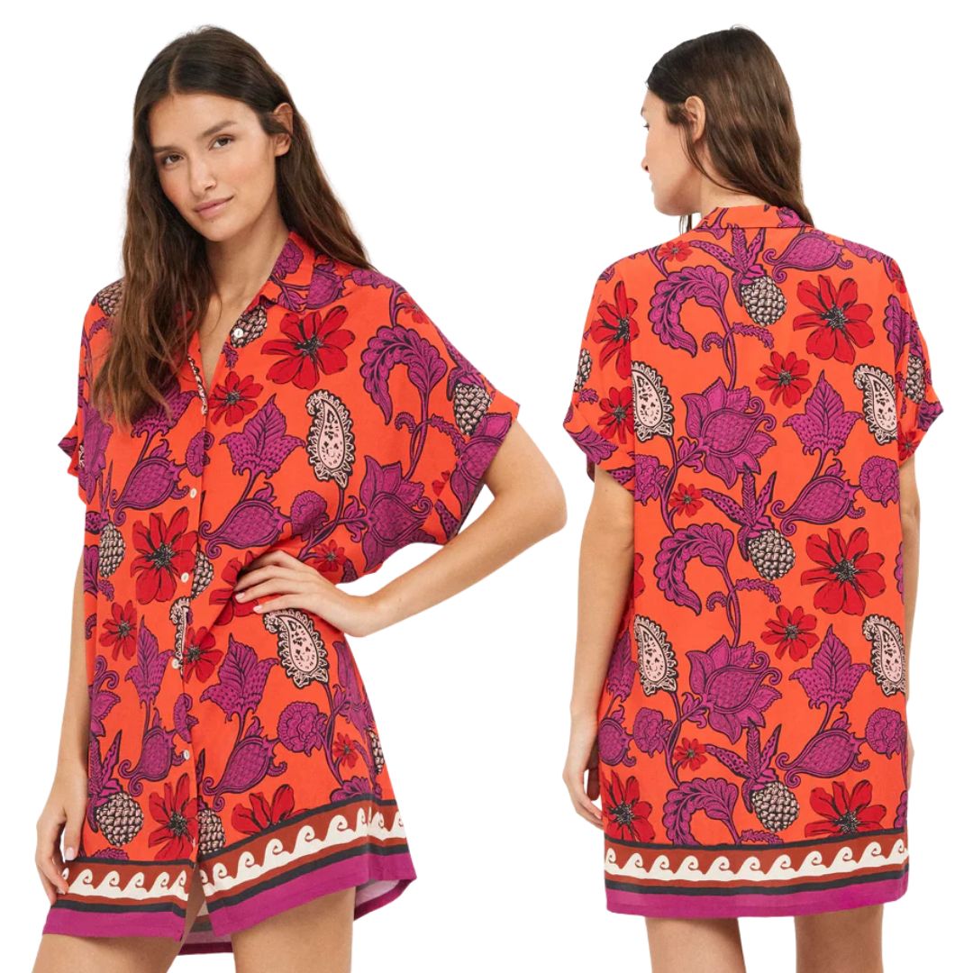 Vestito camicia con bottoni madreperla e fantasia fiori e ananas base arancio