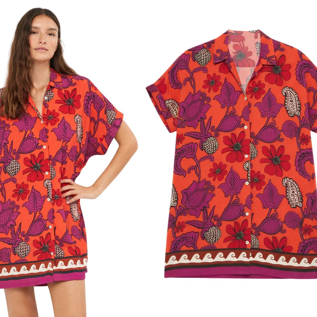 Vestito camicia con bottoni madreperla e fantasia fiori e ananas base arancio