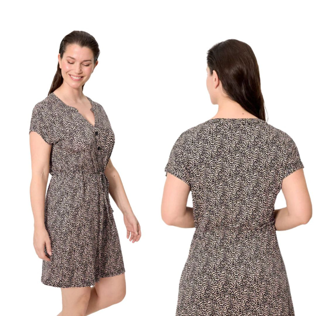 Vestito mezza manica corto con lacci e motivo tribale beige e nero