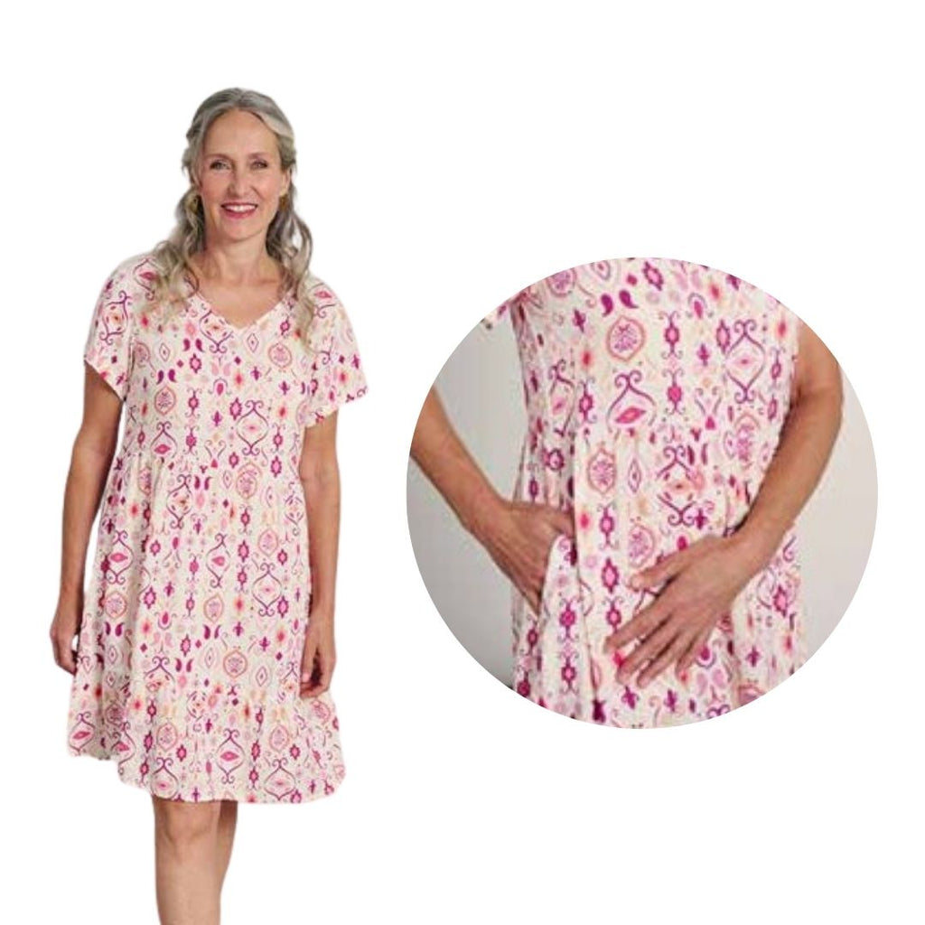 Vestito mezza manica Donna base bianca con disegni TIPO etro fuxia e rosa