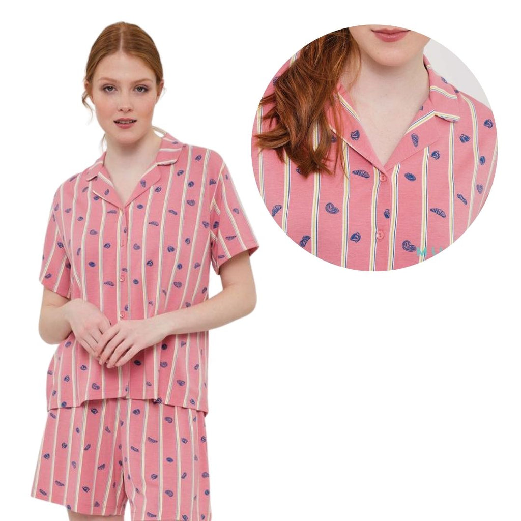 Pigiama Donna mezza manica pantaloncino corto aperto rosa con disegni colazione