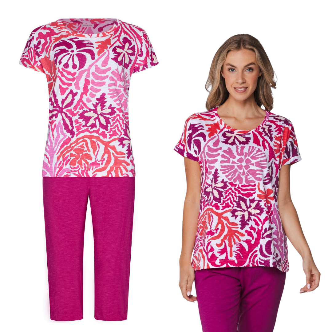 PIGIAMA M/M BASE BIANCA CON MOTIVO FOGLIE FUCSIA