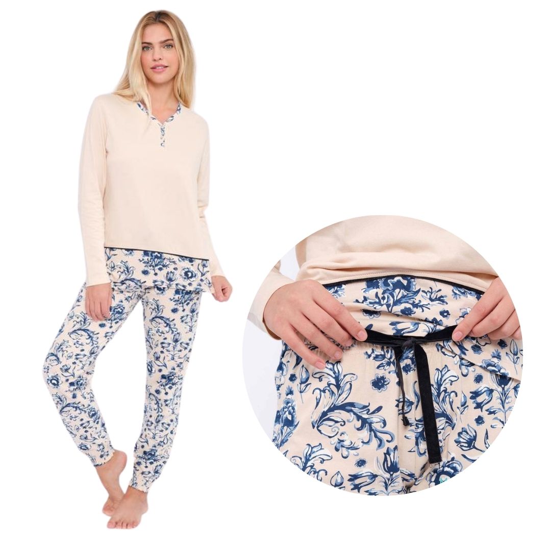 Pigiama Donna in cotone manica lunga e pantalone lungo con fantasia celeste base panna