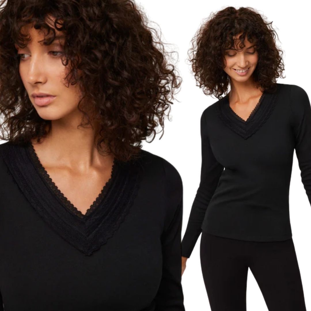 Maglia termica da donna in cotone felpato con scollo a V   in pizzo