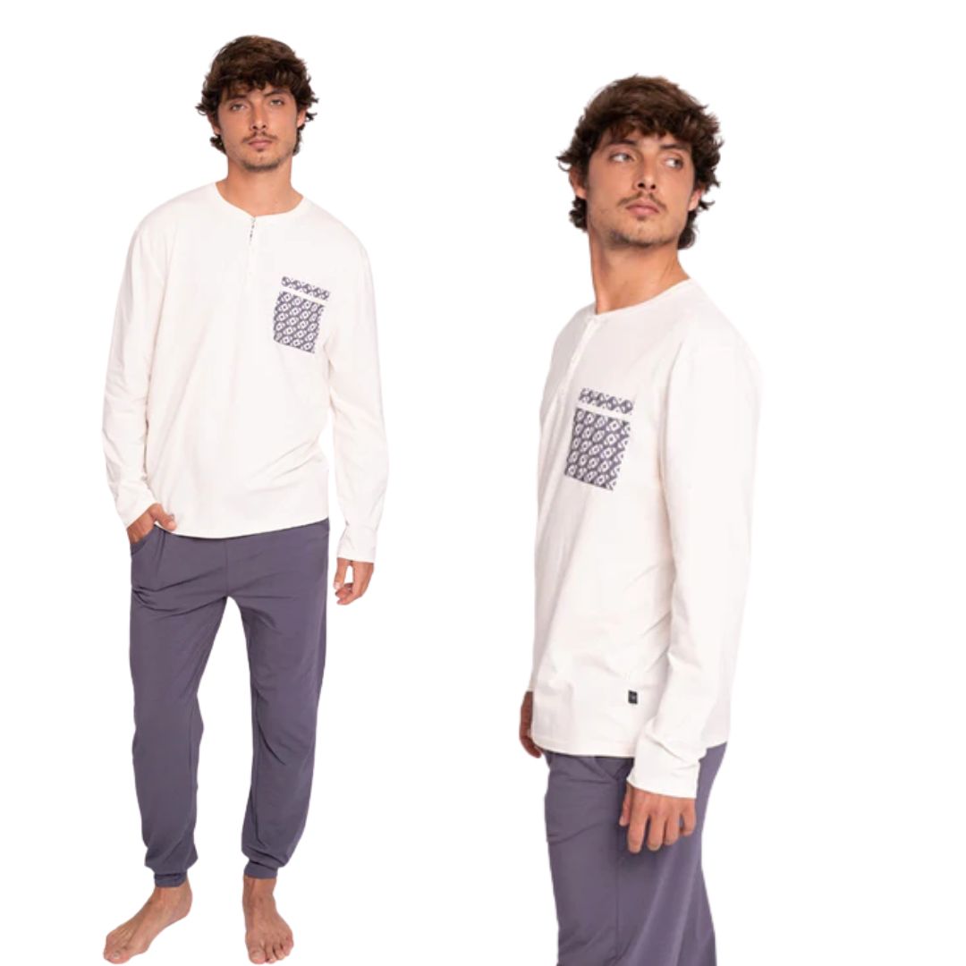Pigiama Uomo manica e pantalone lungo in cotone jersey semplice con taschino