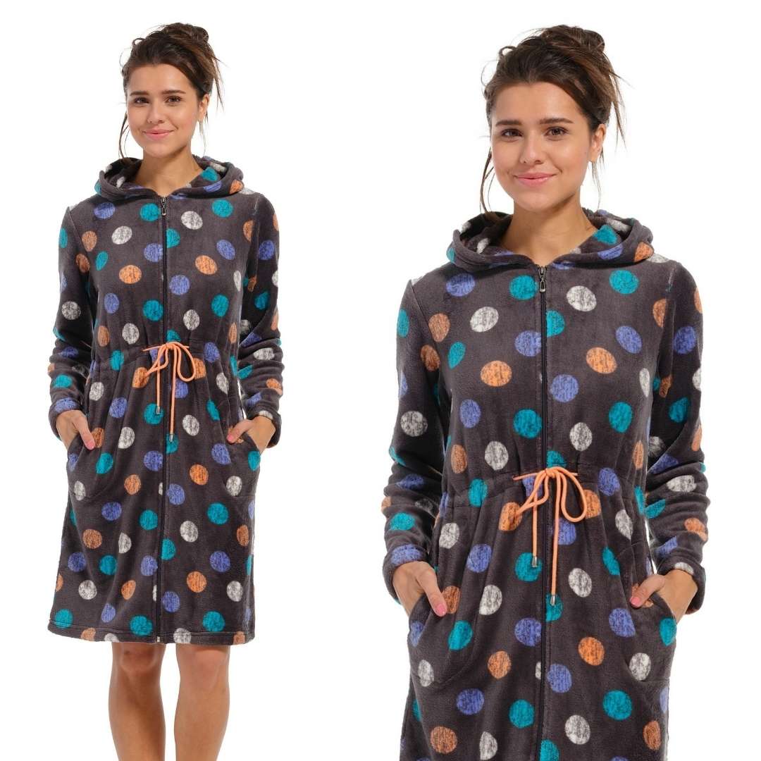 Vestaglia Donna  lunga con cerniera e cappuccio a pois