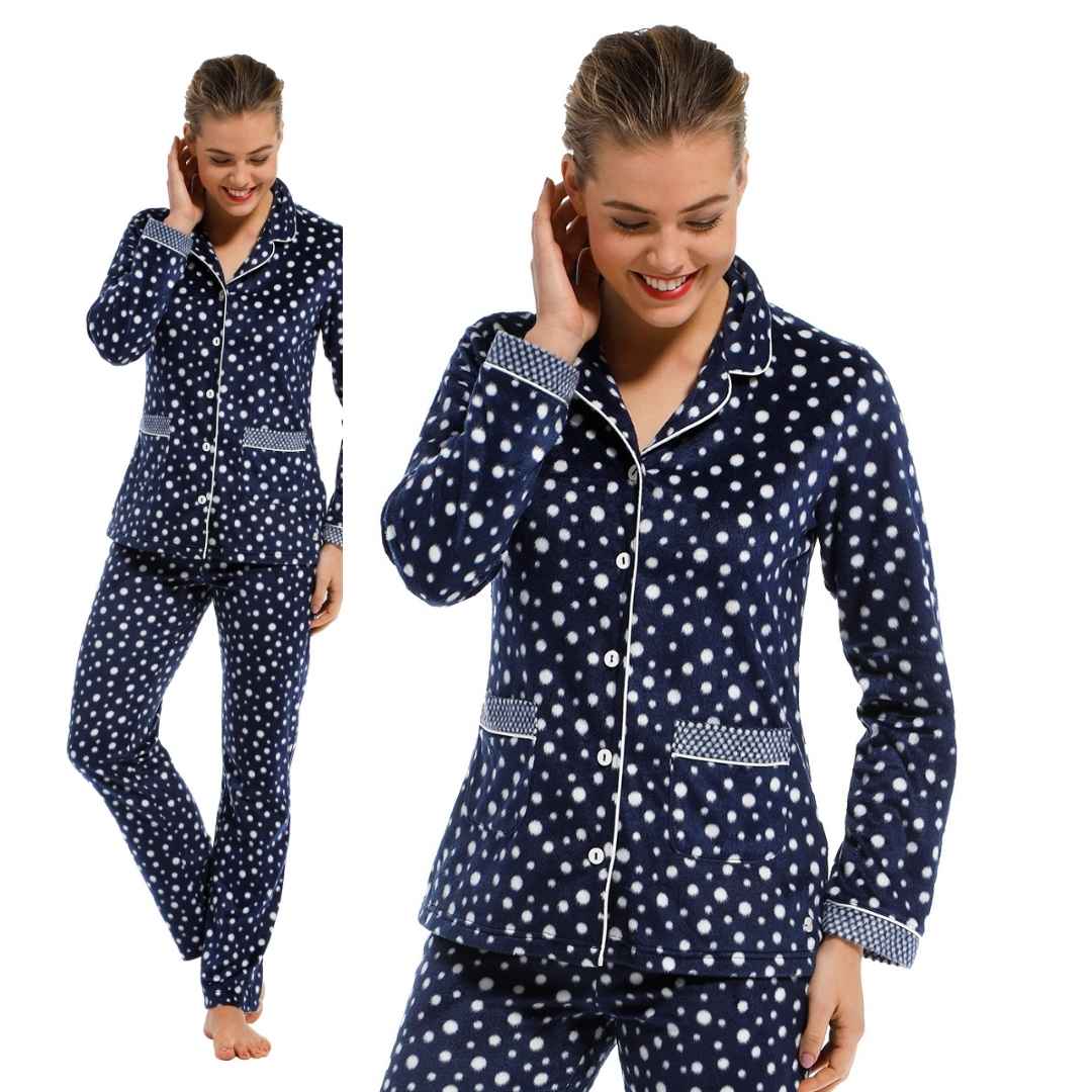 Pigiama Donna in pile aperto blu a pois
