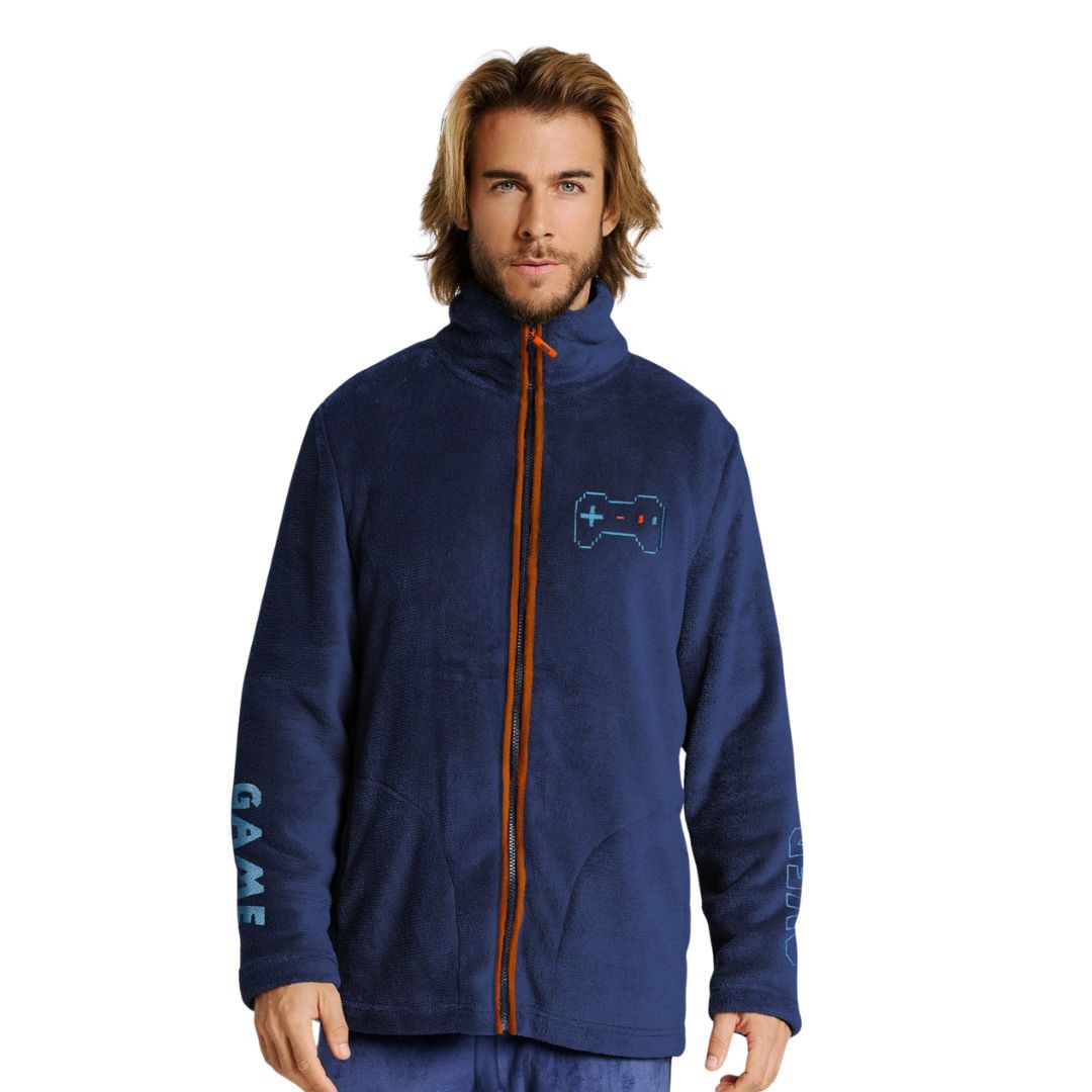 Giacca da camera in coral uomo blu con ricamo joystick gamer