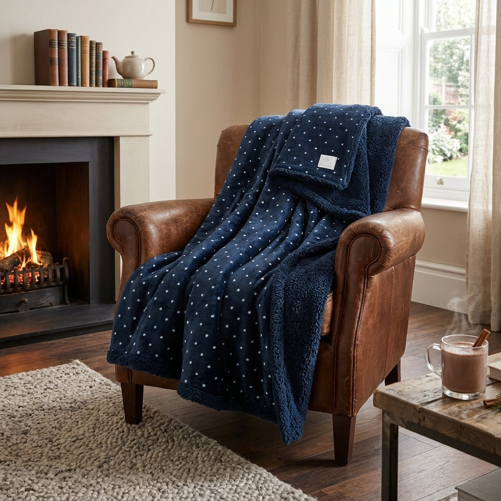 Coperta Plaid in Ciniglia e Sherpa – Pois Blu Notte e Finiture Soft