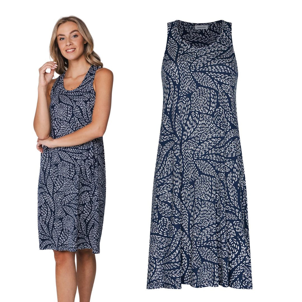 Vestito corto spalla larga blu con fantasia tratteggiata